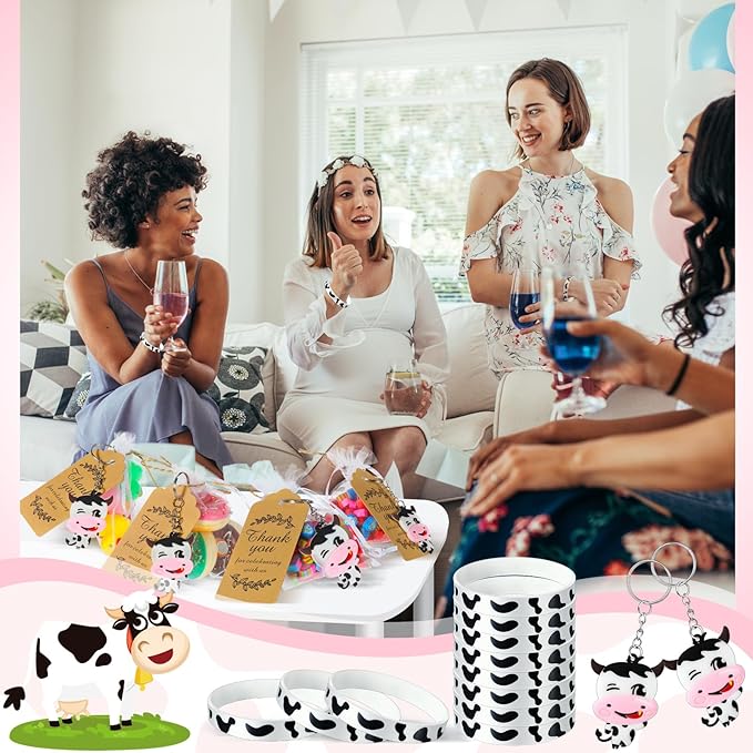 Sasylvia 144 Pcs Cow Party Supplies Include 36 Sets Cow Keychain Thanks Kraft Tags Rubber Bracelets White Organza Bags Cow Party Favors Cow Themed Party Decorations for Baby Shower Girl Boy