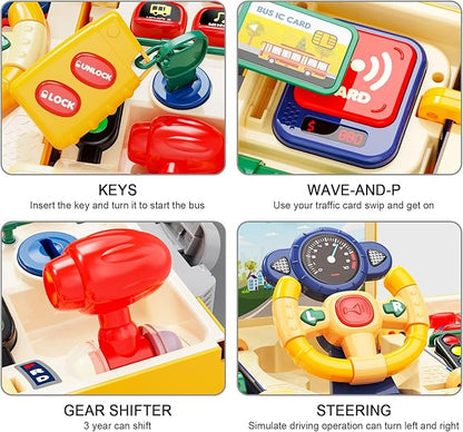 HONGTUO School Bus Toy with Sound and Light Simulation Steering Wheel Driving Toy Toddlers School Bus Toys with Music Education Knowledge Simulate School Scenes Gift for 3-5 Boys & Girls