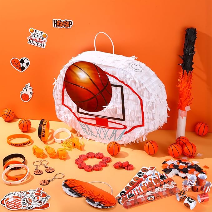 162 Pcs Basketball Piñata Basketball Party Favors with Blindfold Confetti Bat Stress Balls Keychains Wristbands Whistles Eraser Slap Bracelet Stickers Sports Piñata Birthday Party Decoration
