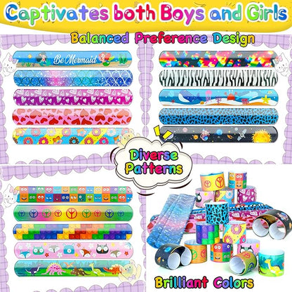 Slap Bracelets Kids Party Favors 48PCS Snap Bracelet Wrist Bands for Boys Girls Birthday Gift Treasure Box Classroom Rewards Goodie Bag Fillers Pinata Stuffers Xmas Easter Valentine Halloween Supplies