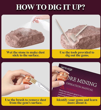 Gemstone Crystal Rocks Dig Kit, Excavate 20 Real Gems Fossils, STEM Geode Toys for Ages 4 5 6 7 8 9 10 11 12 Year Old Kids Girls Boys, Educational Discovery Science Collection Gifts (Purple)