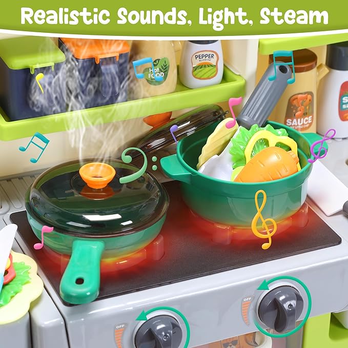 HOLYFUN Kids Kitchen Playset, Pretend Play Kitchen with Sounds and Lights, Cooking Stove Steam,Play Sink and Play Food,Toy Kitchen Set for Kids Toddlers, Green