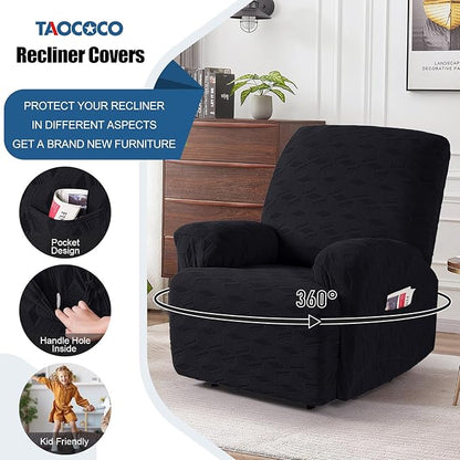 TAOCOCO Oversized Recliner Cover Stretch Recliner Chair Covers, Jacquard Reclining Chair Cover, Furniture Protector Sofa Slipcovers Couch Covers with Elastic Bottom for Kids, Pets (Black)