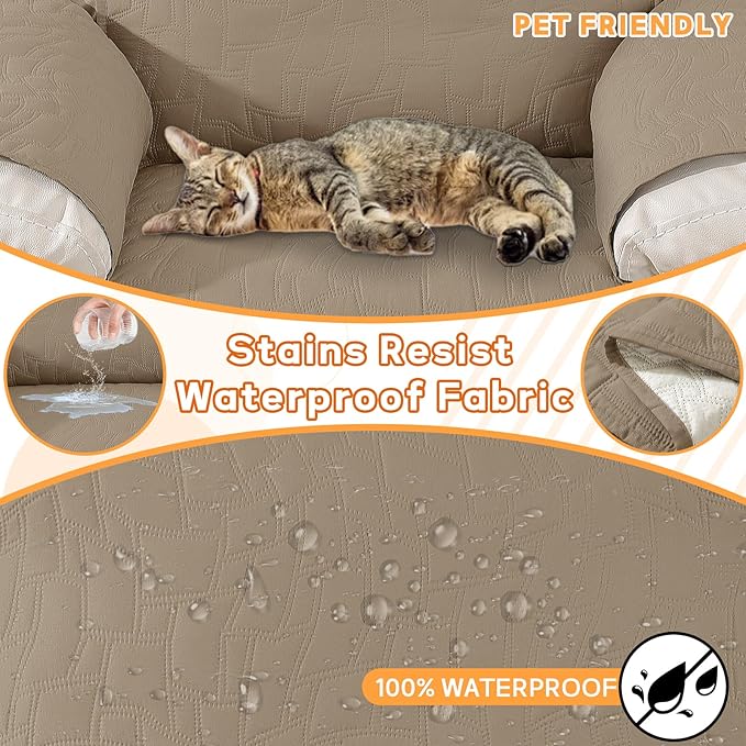 XINEAGE 100% Waterproof Recliner Chair Covers with Elastic Straps, Nonslip Reclining Couch Covers Washable Recliner Couch Cover with Pockets Furniture Protector for Pets Dogs (Light Coffee, 30")