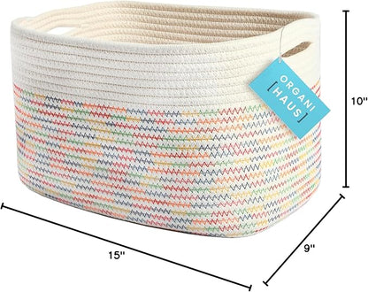 OrganiHaus Rainbow Basket - Colorful Woven Storage Basket for Playroom, Nursery & Classroom Decor & Toy Storage, Rainbow Stitches 15x9x10