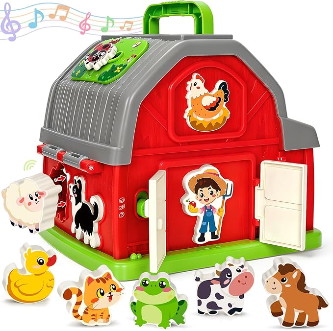 Toddler Toys for 1 2 3 Year Old Boys Girls, Upgraded Musical Farm Animal Barn Toy Gifts, Montessori Fine Motor Skill Learning & Educational Toys, Christmas Birthday Gift for Baby 12-18 Months+