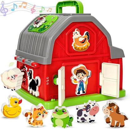 Toddler Toys for 1 2 3 Year Old Boys Girls, Upgraded Musical Farm Animal Barn Toy Gifts, Montessori Fine Motor Skill Learning & Educational Toys, Christmas Birthday Gift for Baby 12-18 Months+