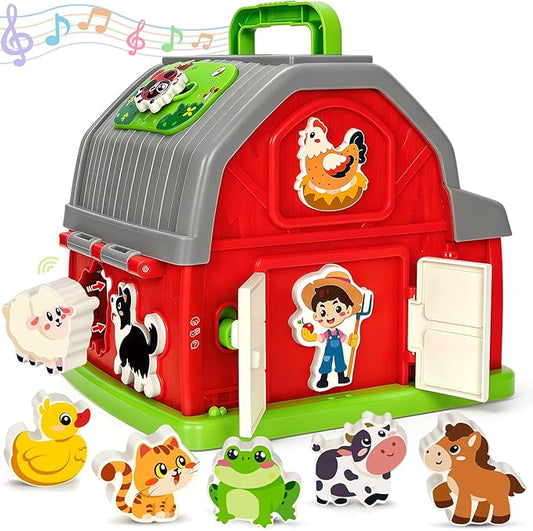 Toddler Toys for 1 2 3 Year Old Boys Girls, Upgraded Musical Farm Animal Barn Toy Gifts, Montessori Fine Motor Skill Learning & Educational Toys, Christmas Birthday Gift for Baby 12-18 Months+