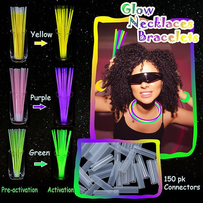 150 pk 8" Green Yellow Purple Glow Sticks Bulk Party Favors, Light up Glow Necklaces & Bracelets in the Dark Party Supplies For Christmas Halloween Birthday Mardi Gras (Green Yellow Purple)