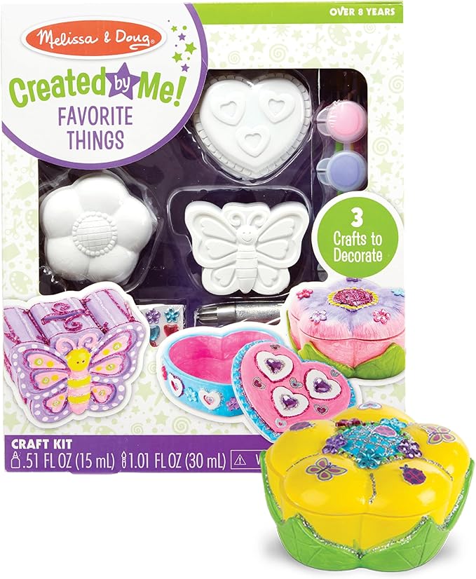 Melissa & Doug Created by Me! Favorite Things Craft Kits Set: Decorate-Your-Own Flower and Heart Treasure Boxes and Butterfly Bank