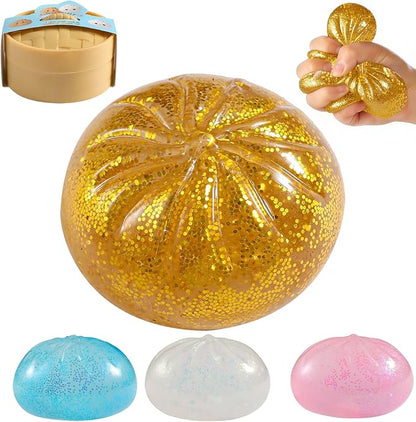 Glitter Dumpling Squishy, Viral Squishy Dumpling Mystery Box, Bao Bun Squeeze Toy,Stress Relief Fidget Toys (Golden)