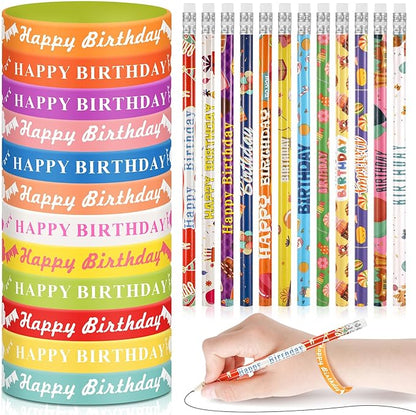 Sabary 48 Pcs Happy Birthday Pencils Rubber Bracelets Set Birthday Party Favors Birthday Pencils Silicone Wristbands Birthday Bracelet for Kids Students Teachers Classroom Reward Gifts (Cute Style)