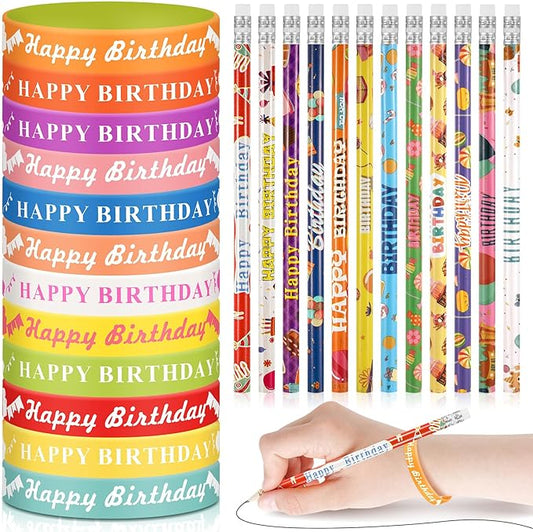 Sabary 48 Pcs Happy Birthday Pencils Rubber Bracelets Set Birthday Party Favors Birthday Pencils Silicone Wristbands Birthday Bracelet for Kids Students Teachers Classroom Reward Gifts (Cute Style)