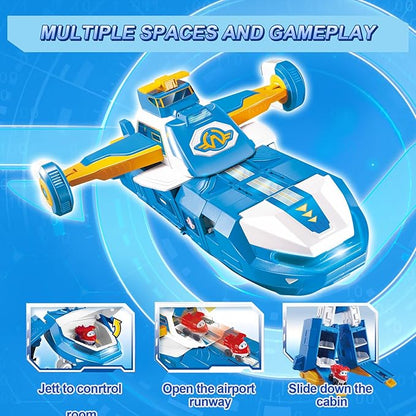 Super Wings 3-in-1 World Aircraft Transforming Robot with Light and Sound Effects, with a 2‘’ Transformable Robot Jett, Transformable Toy Role Play Toys for Kids, Gifts for Boys & Girls Age 3+ Blue