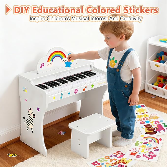 37 Keys Kids Keyboard Piano, Kids Piano Wooden Toy With Stool, DIY Stickers, Song Book, Cover, Education Musical Instruments for Girls&Boys Ages 3+