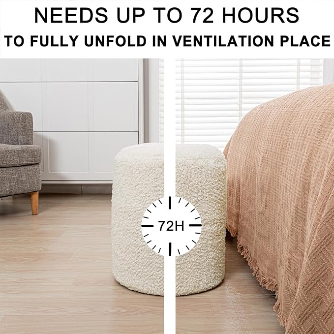 Round Ottoman Soft Chair 14.6x14.6x18 Inches Boucle Ottoman Multifunctional Ottoman Foot Rest Fluffy Fur Ottoman Stool Pouf Footrest Stool for Living Room Bedroom (Cream)