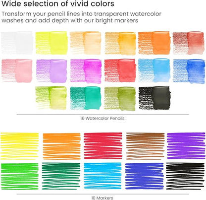 ARTEZA Kids Animals Coloring Kit, 3 Canvases 4 x 4 Inches, 10 Markers, 16 Watercolor Pencils, 1 Paint Brush, 1 Sharpener, Art Set for Kids Activities