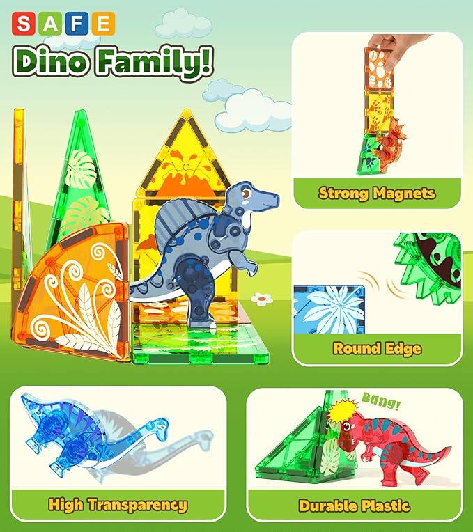 Magnetic Tiles Dinosaurs Magnet Building Blocks Toys for Kids Ages 3-5 4-8 8-12 Creative Animals Educational Stack Tile Construction for Boys Girls Toddlers 5-7 Year Old to STEM Learning