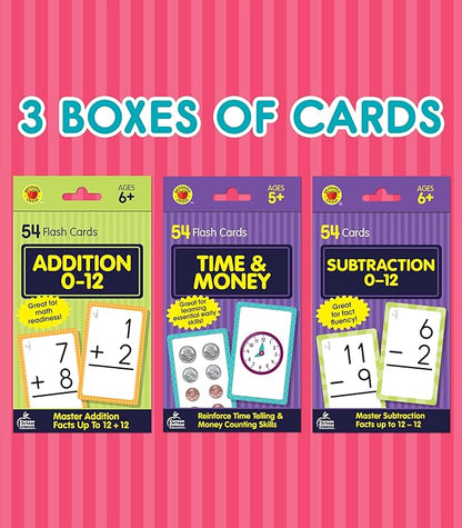 Carson Dellosa 3-Pack Math Flash Cards, Addition and Subtraction Flash Cards, Time & Money Flash Cards, 1st Grade, 2nd Grade, and 3rd Grade Math Facts Flash Cards, Card Games for Kids Ages 5+