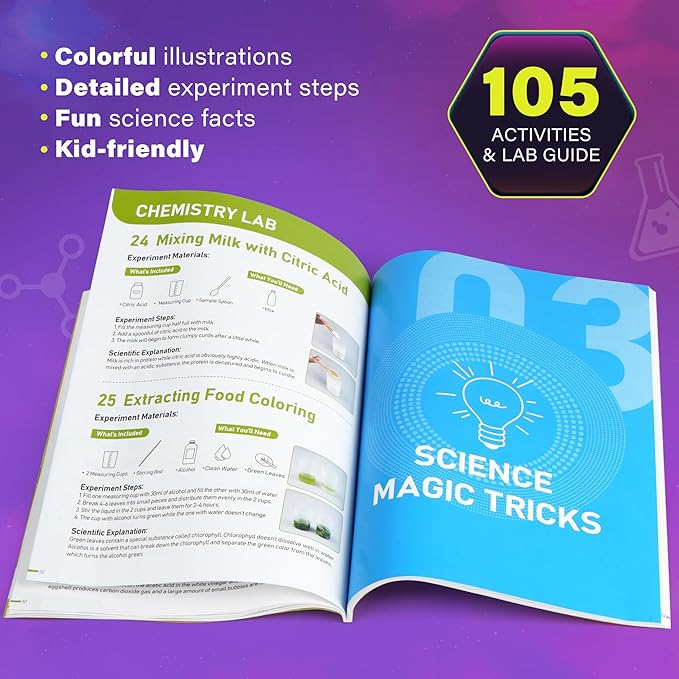 Science Kit for Kids, 105 Science Lab Experiments, STEM Project Educational Toy with Volcano Erupting, Crystal Growing, Chemistry Set, Science Toys, Boys Girls Birthday Gift Ideas, Ages 6+