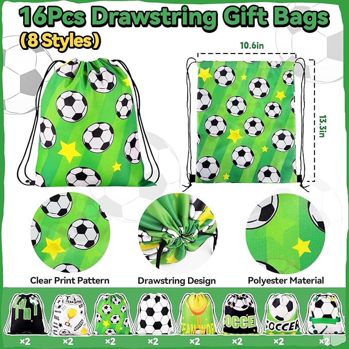 98Pcs Soccer Party Favors, Soccer Drawstring Bags with Silicone Bracelet Soccer Whistles Stickers Soccer Goodie Bags for Soccer Party Decorations Supplies