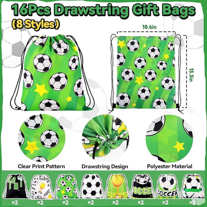 98Pcs Soccer Party Favors, Soccer Drawstring Bags with Silicone Bracelet Soccer Whistles Stickers Soccer Goodie Bags for Soccer Party Decorations Supplies