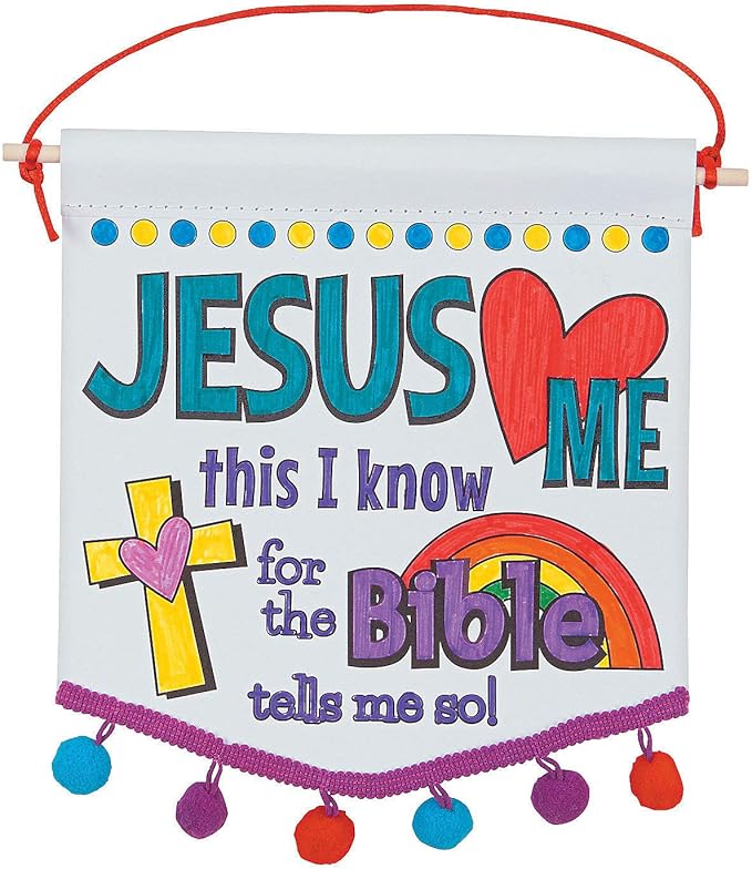 Fun Express Color Your Own Jesus Loves Me Banners with Pom-Pom Trim - Makes 12 - DIY Religious Crafts for Kids and Sunday School Activities
