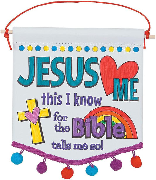 Fun Express Color Your Own Jesus Loves Me Banners with Pom-Pom Trim - Makes 12 - DIY Religious Crafts for Kids and Sunday School Activities