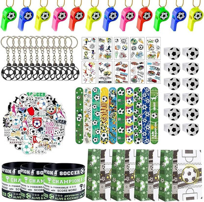 134 Pcs Soccer Party Favors Set Soccer Theme Party Soccer Gift Bags Soccer Silicone Ring Soccer Keychain Silicone Bracelet Whistle Stickers Tattoo Stickers Clap Bracelet for Soccer Themed Party