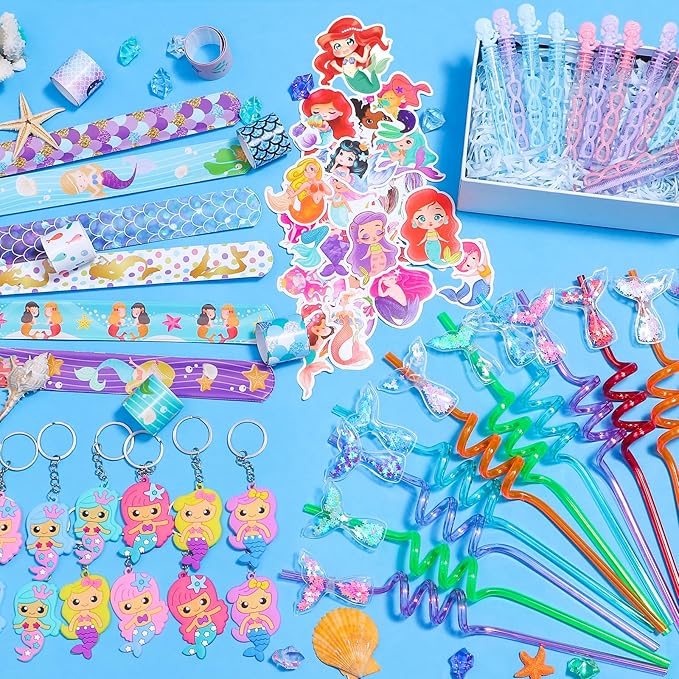 98 Mermaid Party Favors for Girls Birthday Supplies Straw Bubble Wand Slap Bracelet Keychain Sticker Toy Gift Prize Goodie Bags Stuffers Kids Decorations Mermaid Birthday Party Favors