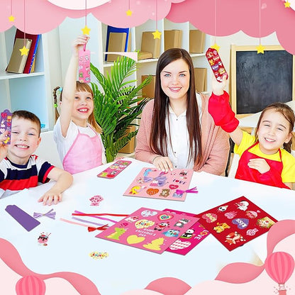 JUNEBRUSHS 30 Pack Valentines Crafts for Kids, Valentine's Day Bookmarks Craft Kits with Assorted Hearts Animal Stickers for Kids Classroom Game Activities Valentines Day Gift Exchange