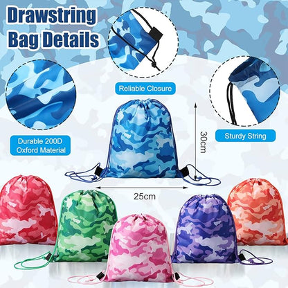 36 Pcs Tie Dye Camouflage Party Kit Camo Drawstring Bag Bulk Camouflage Military Rubber Keychain Silicone Camo Bracelet for Adult Kid Travel Paintball Camping Birthday Party Supplies (Assorted Camo)