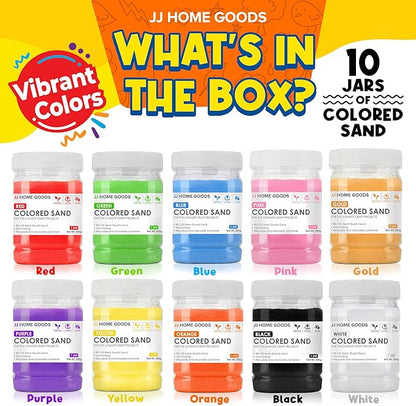 JJ CARE Colored Sand, 11 lbs. [10 Bottles] Craft Sand Art Kit for Kids 3 Years Above, Non-Toxic Color Sand Art Bulk, UV Stable Colorful Sand for Crafts, Wedding & Decorations, Kids Art Sand