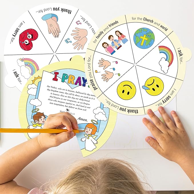 COcnny Bible Prayer Religious Craft - 24 Sets Christian Jesus Coloring Wheel Cards Creation Game Activities for Kids, The Lord’s Prayer Biblical Art Craft for Sunday School Classroom Ages 3-5 4-8 8-12