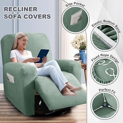 JIVINER Loveseat Recliner Covers, Jacquard 4 Piece Recliner Sofa Cover with Pockets Washable Lazy Boy Reclining Couch Protector with Elastic Bottom (Recliner Loveseat, Pea Green)