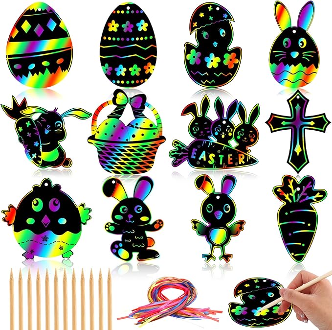 JULMELON Easter Crafts for Kids, 36 Pack Magic Rainbow Scratch Paper Kit Cute Bunny Scratch Art for Kids Easter Party Favors Gifts Egg Basket Stuffers