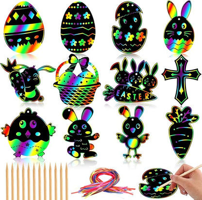 JULMELON Easter Crafts for Kids, 36 Pack Magic Rainbow Scratch Paper Kit Cute Bunny Scratch Art for Kids Easter Party Favors Gifts Egg Basket Stuffers