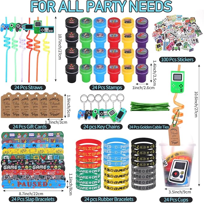 LiYiQ 292 Pcs Video Game Party Favors With Reusable Drinking Straws Cups Slap Bracelets Keychains Gift Tags Stamps Stickers and Twist Ties for Gamer Birthday Party Supplies