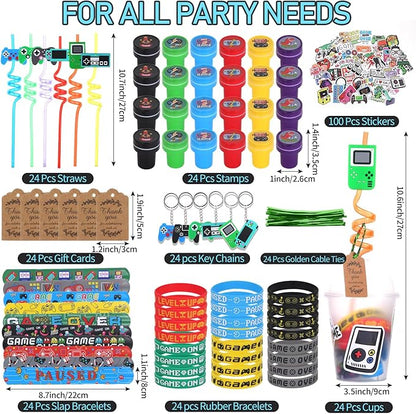 LiYiQ 292 Pcs Video Game Party Favors With Reusable Drinking Straws Cups Slap Bracelets Keychains Gift Tags Stamps Stickers and Twist Ties for Gamer Birthday Party Supplies