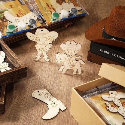 Saypacck 24 Pcs Western Cowboy Party Favors Wooden Painting Craft Kits Birthday Party Supplies with Organza Bag for Goodie Bags Fillers Adult Thank You Gifts