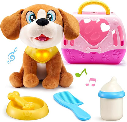 JOYIN Toy Dog for Toddlers, Play Puppy Toy with Carrier & Accessories, Plush Dog with Interactive Button, Lights & Sounds, Pet Care Set for Kids 1 2 3 4 Years Old, Birthday Gifts for Girls