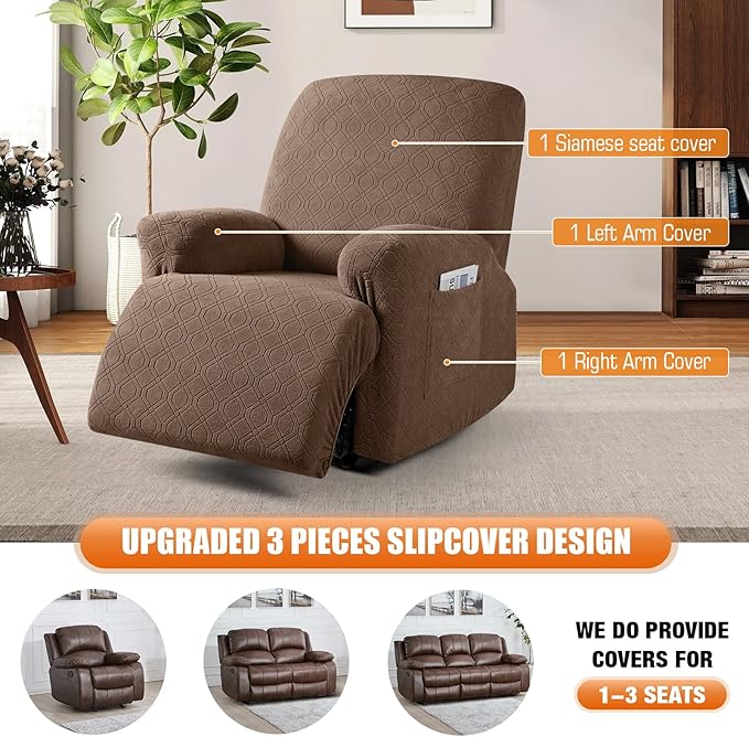 VANSOFY Recliner Chair Cover, 3-Pieces Stretch Recliner Covers for Recliner Chair Soft Reclining Chair Slipcover Furniture Protector for Dogs Cats(Light Coffee)