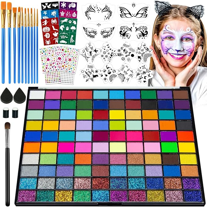 100 Colors Face Painting Kit, Non-Toxic Water Activated Face Paint Palette, Facepaint Makeup Kit with Brushes, Stencils, Gems, for Festivals, Halloween, Carnival, Birthday Parties