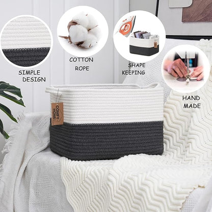 COMFY-HOMI 3PACK Cotton Rope Square Basket with Handles for Shelves| Storage|Baby Basket for Gif|Shoe basket for Organizing|New13.5" x 11" x 9.5" for Living Room（White/Dark Grey）