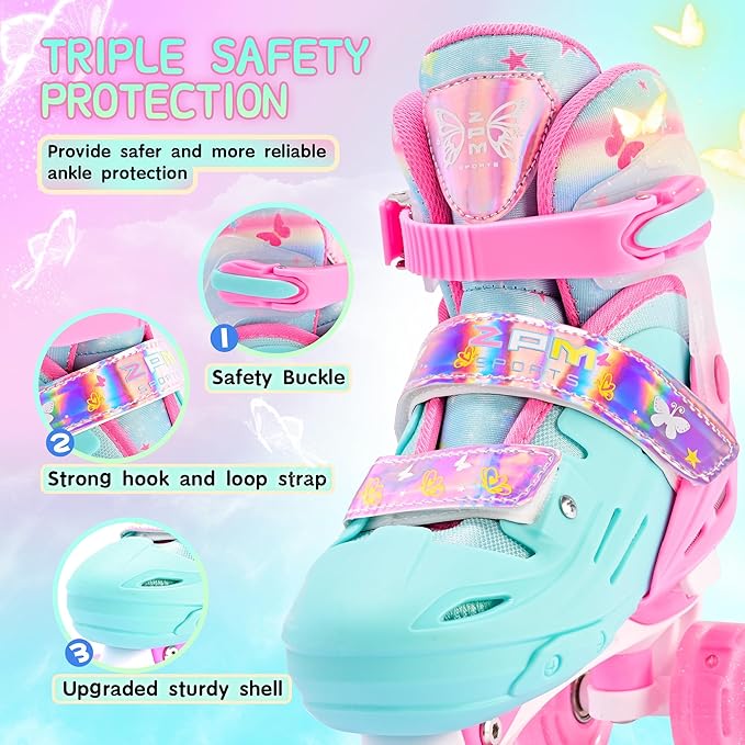 2PM SPORTS Roller Skates for Girls Boys Kids Age 4-6 5-8 6-12 8-12 with Light Up Wheels, Adjustable Youth Rollerskates Size 10C 11C 12C 13C 1 2 3 4 5 6