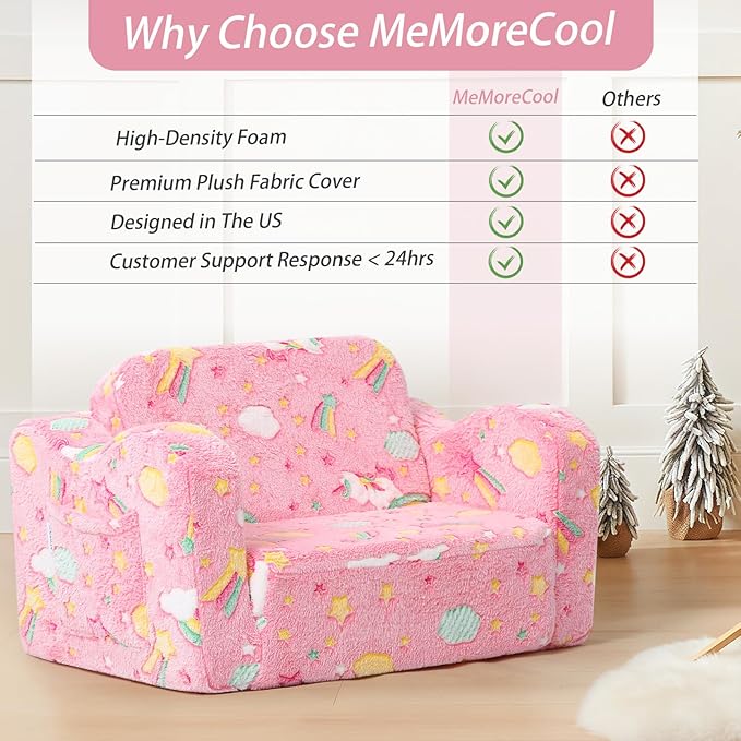 MeMoreCool Folding Toddler Chair, Glow-in-The-Dark Soft Plush Kids Fold-Out Couch Sofa, Comfy Baby Recliner for Girls and Boys (Glowing Unicorn, Pink)