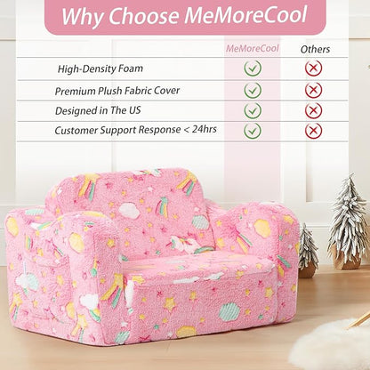 MeMoreCool Folding Toddler Chair, Glow-in-The-Dark Soft Plush Kids Fold-Out Couch Sofa, Comfy Baby Recliner for Girls and Boys (Glowing Unicorn, Pink)