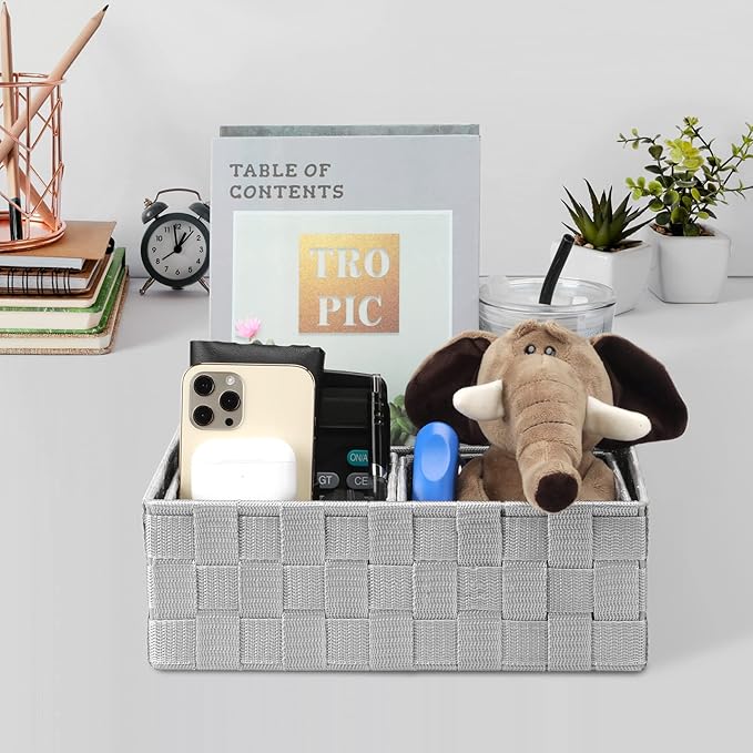 Posprica Drawer Organizer Bins,Woven Strap Storage Box Cube Basket Containers Divider for Organizing drawers, Shelves, Closets, Cabinets, Dressers and Countertops,set of 4, Light Grey