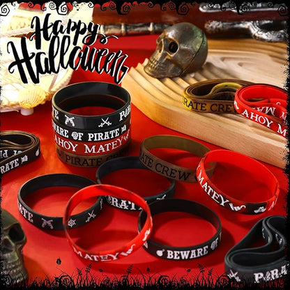 Capoda 24 Pieces Pirate Silicone Bracelets Ahoy Matey Caribbean Rubber Wristbands Skull Pirate Ship Party Favors for Girls Boys Pirate Theme Birthday Party Decorations Halloween Party Supplies