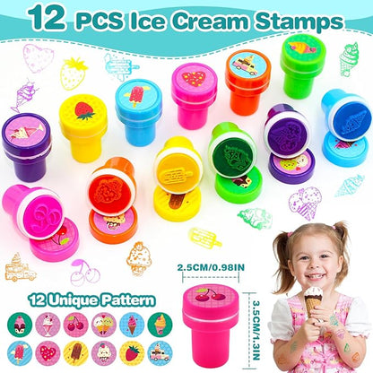 110 PCS Ice Cream Party Favors Set - Fun and Colorful Party Supplies for Kids, Includes Drinking Straws, Wristbands, Macaron Bubble Wands, Stamps, Keychains, and Stickers